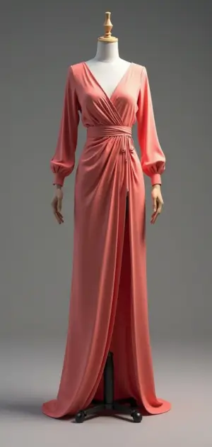 Elegant coral pink wrap dress with long sleeves and a thigh-high slit