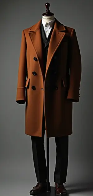 Stylish rust brown double-breasted overcoat with a black and white ensemble