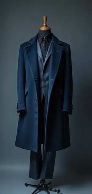 Sleek navy blue overcoat with a tonal three-piece suit.