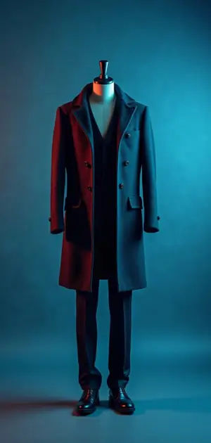 Sleek black overcoat under dramatic blue and red lighting