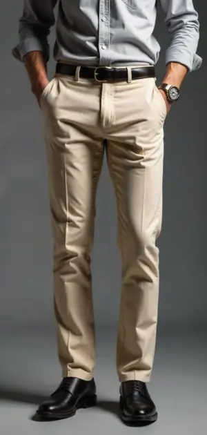 Man wearing beige dress pants with a light gray shirt and black shoes