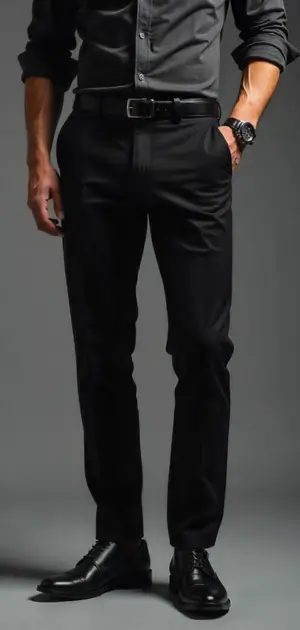 Man in black trousers with a black dress shirt and black shoes