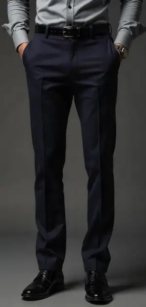 Man in navy blue dress trousers with a gray shirt and black shoes