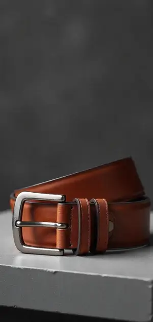 classic tan leather belt with a silver buckle.