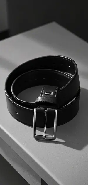 black leather belt with a simple silver buckle on a light surface.