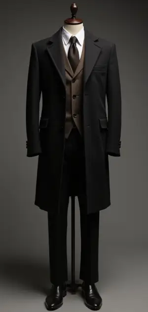 Sophisticated black overcoat with a brown vest and black trousers