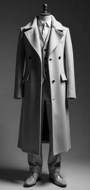 Elegant all-grey double-breasted overcoat with a matching suit.
