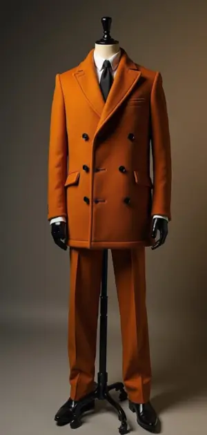 Vibrant orange double-breasted short overcoat with matching trousers