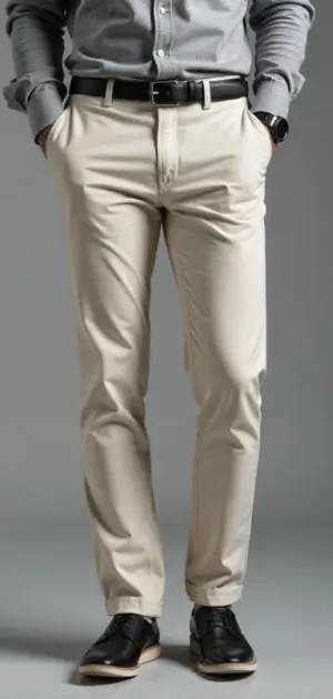 Man in beige chinos with a gray dress shirt and black sneakers.