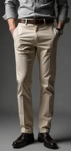 Man in beige dress trousers with a brown belt and dark brown shoes
