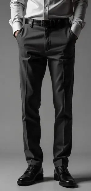 Man wearing dark gray dress pants with a light gray shirt and black shoes
