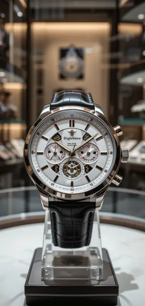 White and silver chronograph wristwatch with skeleton details
