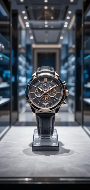 Black and gold chronograph wristwatch displayed in a luxury boutique.
