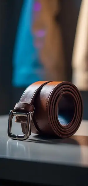 A brown leather belt with a silver buckle.
