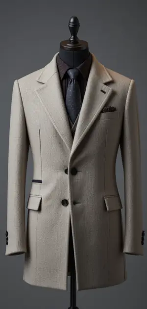 A beige textured single-breasted coat styled with a dark shirt and tie