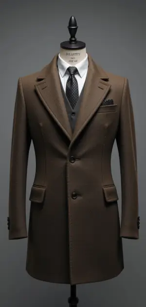 A brown single-breasted overcoat with a classic fit on a mannequin.