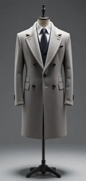 A grey double-breasted overcoat with a tailored fit on a mannequin