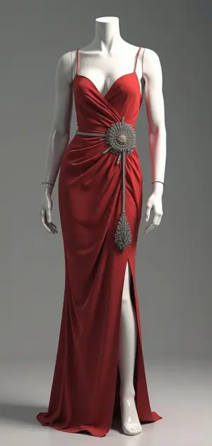 Red satin gown with spaghetti straps, ruched details, and a jeweled embellishment