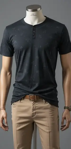 Black Henley T-shirt with subtle print, paired with beige trousers on a mannequin