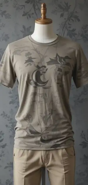 Earth-toned graphic T-shirt with subtle nature-inspired design on a mannequin