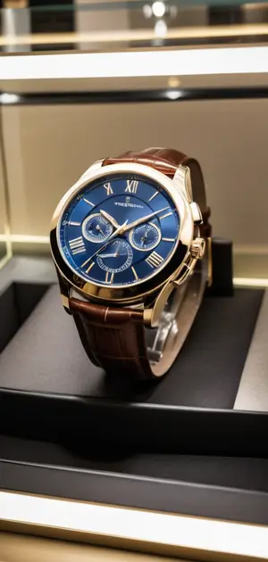 Elegant navy blue and gold chronograph watch in a premium display.