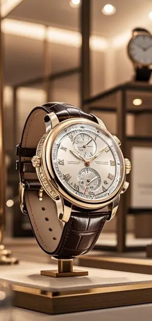 Classic gold chronograph watch with a brown leather strap in a luxury boutique