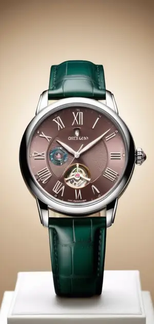 Elegant brown dial watch with a green leather strap and exposed mechanics
