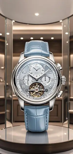 Luxury silver chronograph watch with a pastel blue leather strap