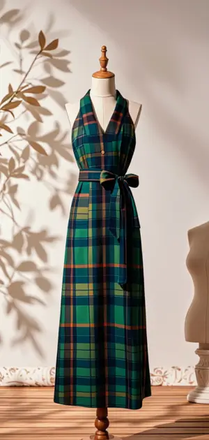 Sleeveless plaid maxi dress with a bow detail.