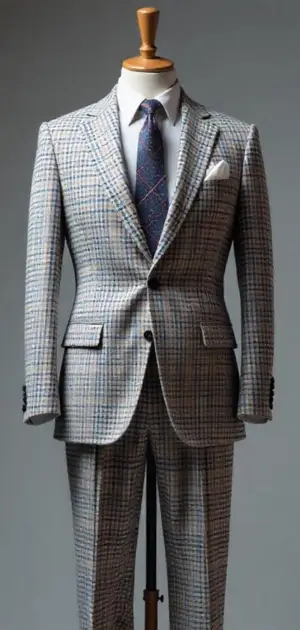Multi-check pattern suit with a blue tie on a mannequin