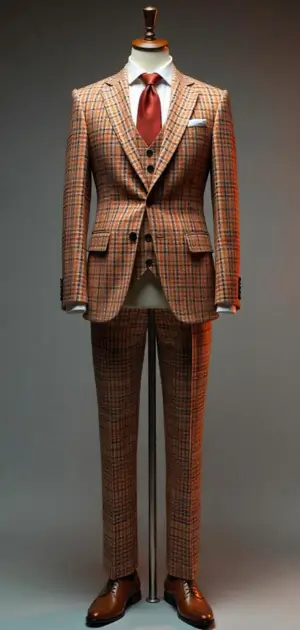Brown plaid three-piece suit with a red tie on a mannequin.