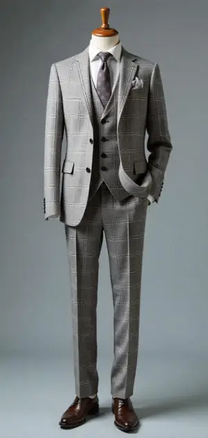 Grey windowpane check three-piece suit with a light grey tie.
