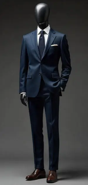 Deep navy suit with brown dress shoes.