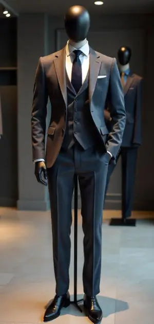 Dark grey three-piece suit with a modern fit.