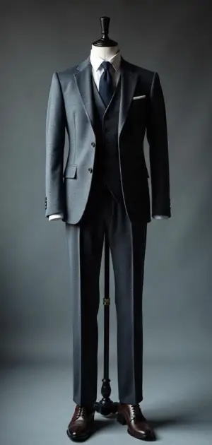 Navy blue three-piece suit with brown dress shoes