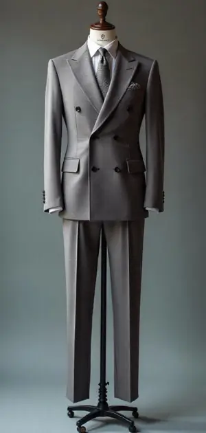 Grey double-breasted suit with a subtle sheen
