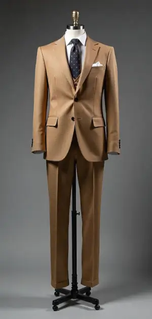 Camel-colored three-piece suit with a dark tie on a mannequin