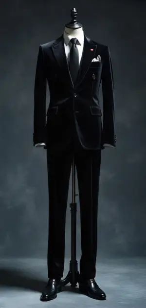 Black velvet tuxedo with a satin lapel on a mannequin.
