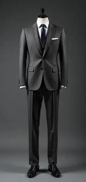 Dark grey suit with a structured silhouette on a mannequin