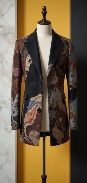Brown abstract-patterned blazer with black lapels and artistic textures.