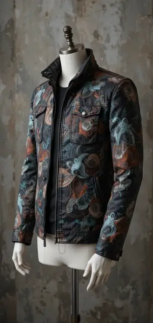 A dark-toned abstract floral jacket with zip pockets and a modern fit.