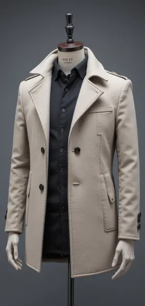 Beige double-breasted coat paired with a black shirt for a sleek contrast.