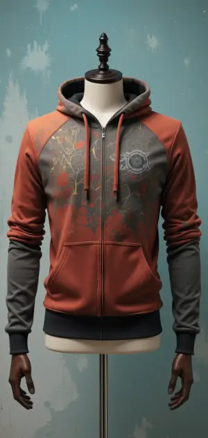Burnt orange and grey zip-up hoodie with printed graphic designs.