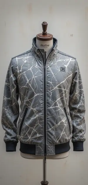 Gray athletic jacket with a web-like pattern, front-zip style.