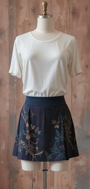 Casual white T-shirt with a navy athletic skirt and floral designs.