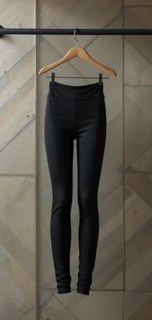 Black high-waisted leggings with a sleek design hanging on a hanger.