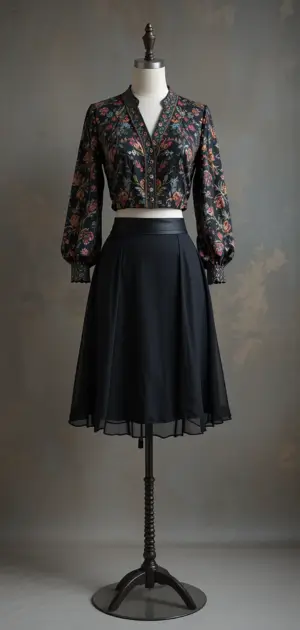 Black skirt and dark floral embroidered crop top on a mannequin.