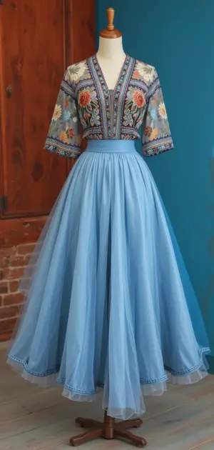 Mannequin wearing a light blue skirt and colorful embroidered top.