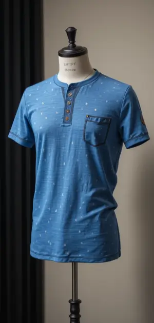 A blue henley t-shirt with buttons and a small pocket displayed on a mannequin.