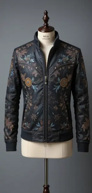 Black leather jacket featuring floral embroidery and Bohemian patterns.